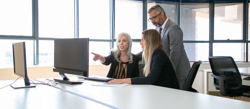 Business professionals watching presentation on computer monitor together, discussing project, sitting at workplace and pointing at display. Business communication or teamwork concept